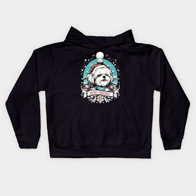 Shih Tzu Merry Christmas Santa Hat and Christmas Tree Kids Hoodie by SubtleSplit